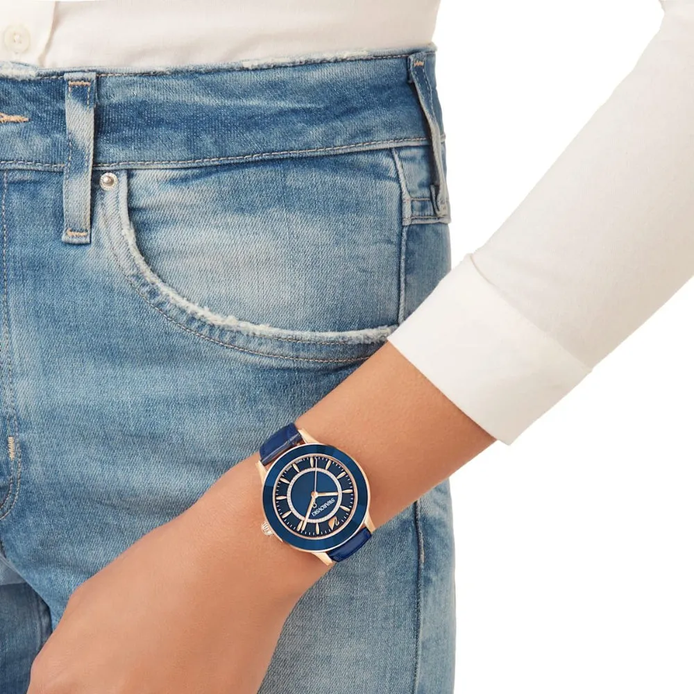 Swarovski Octea Lux Chrono Watch Leather Strap Blue Rose-Gold Tone