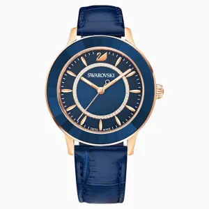 Swarovski Octea Lux Chrono Watch Leather Strap Blue Rose-Gold Tone