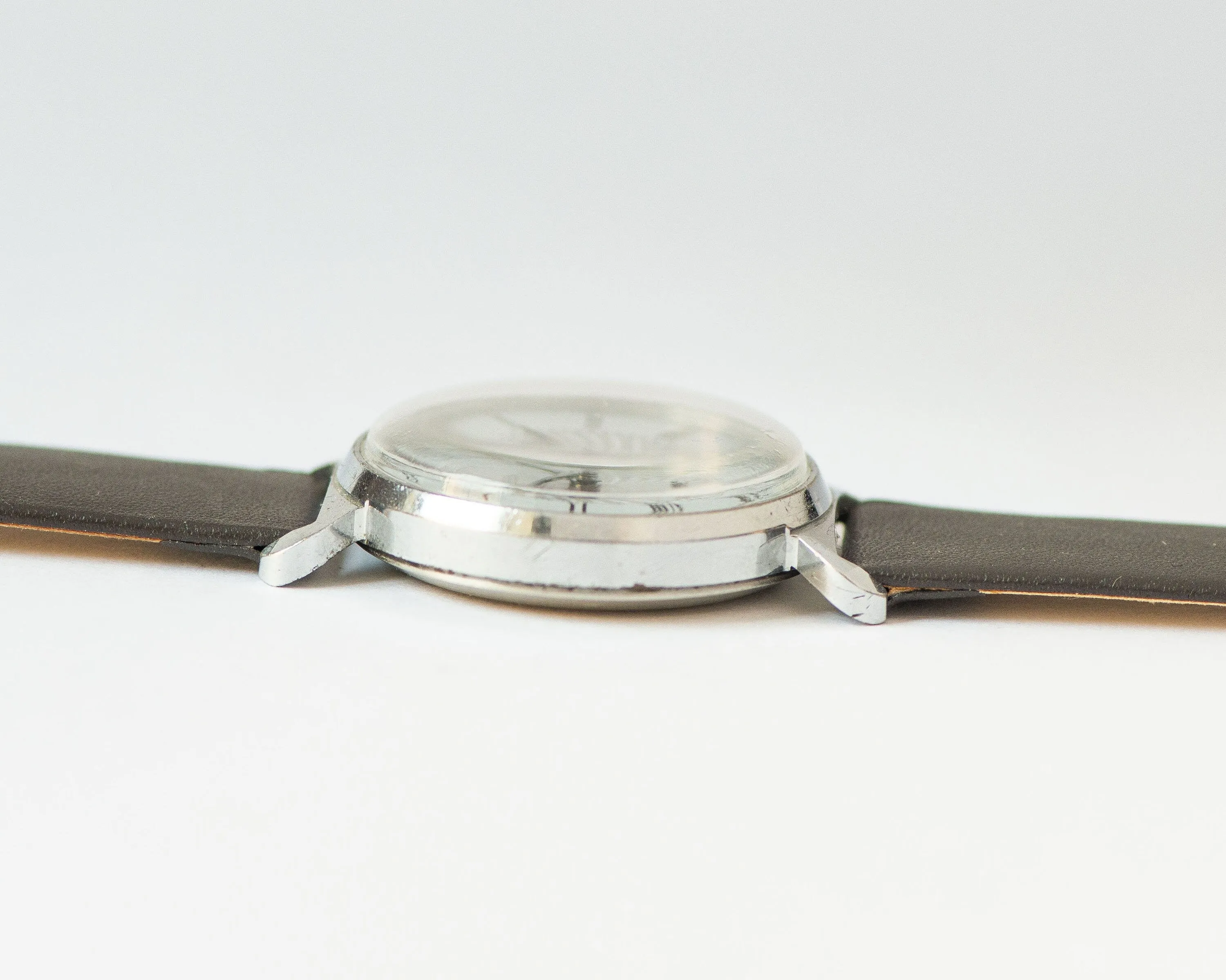 Swirl dial unisex writwatch Pobeda, light grey wristwatch boyfriend accessory, tomboy watch silver shade rare, new genuine leather strap