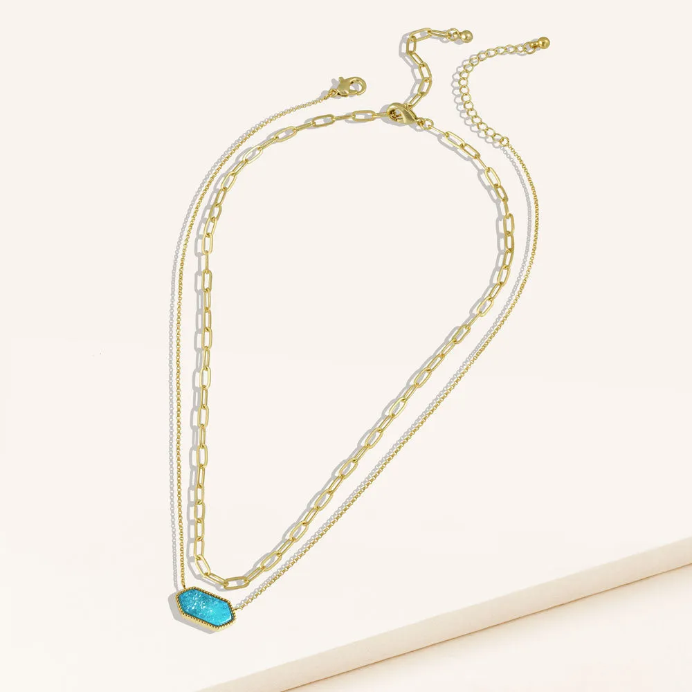 The Montana Duo Genuine Druzy Stone Pendant and Clip Chain Necklace Set