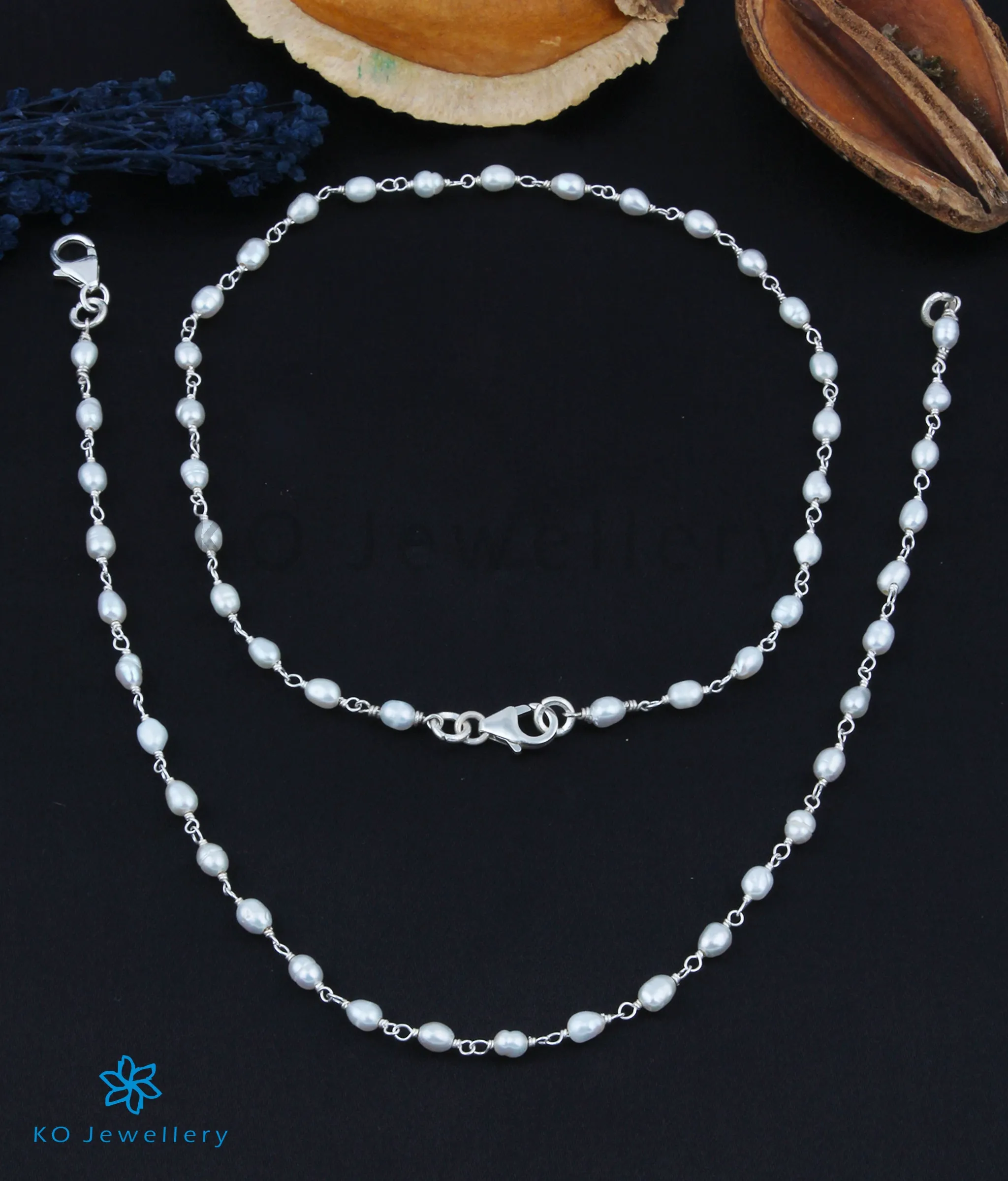 The Samudra Silver Pearl Anklets (Bright Silver)