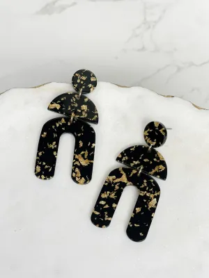 Tiered Geometric Arch Gold Foil Dangle Earrings - Black