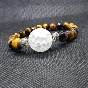 Tigers Eye Gemstone  Handmade Stretch Band With Frosted Crackled Quartz Center
