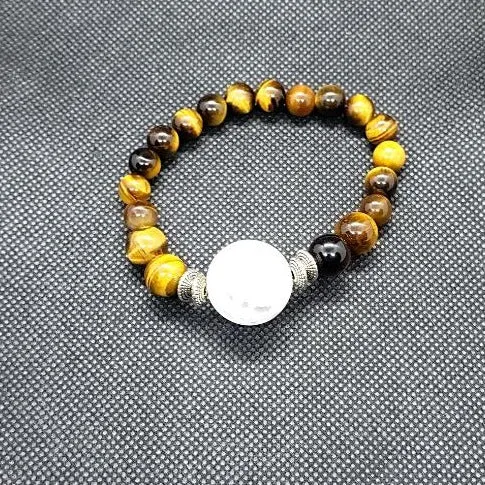 Tigers Eye Gemstone  Handmade Stretch Band With Frosted Crackled Quartz Center