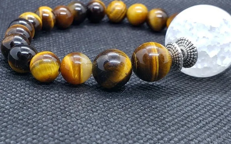 Tigers Eye Gemstone  Handmade Stretch Band With Frosted Crackled Quartz Center