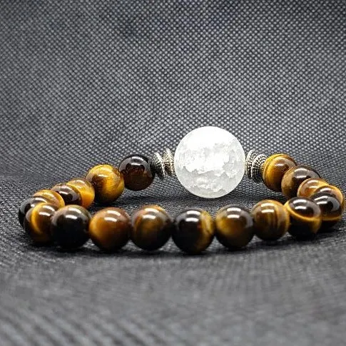 Tigers Eye Gemstone  Handmade Stretch Band With Frosted Crackled Quartz Center