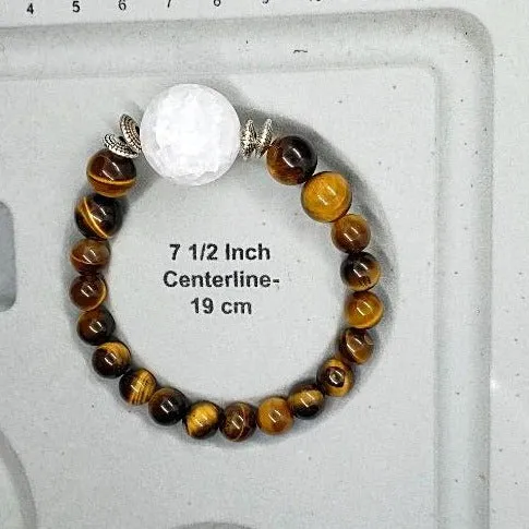Tigers Eye Gemstone  Handmade Stretch Band With Frosted Crackled Quartz Center