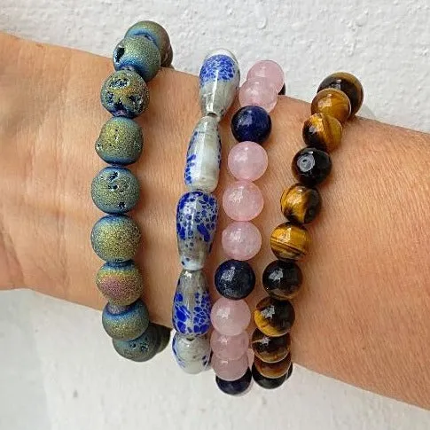 Tigers Eye Gemstone  Handmade Stretch Band With Frosted Crackled Quartz Center