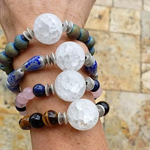Tigers Eye Gemstone  Handmade Stretch Band With Frosted Crackled Quartz Center