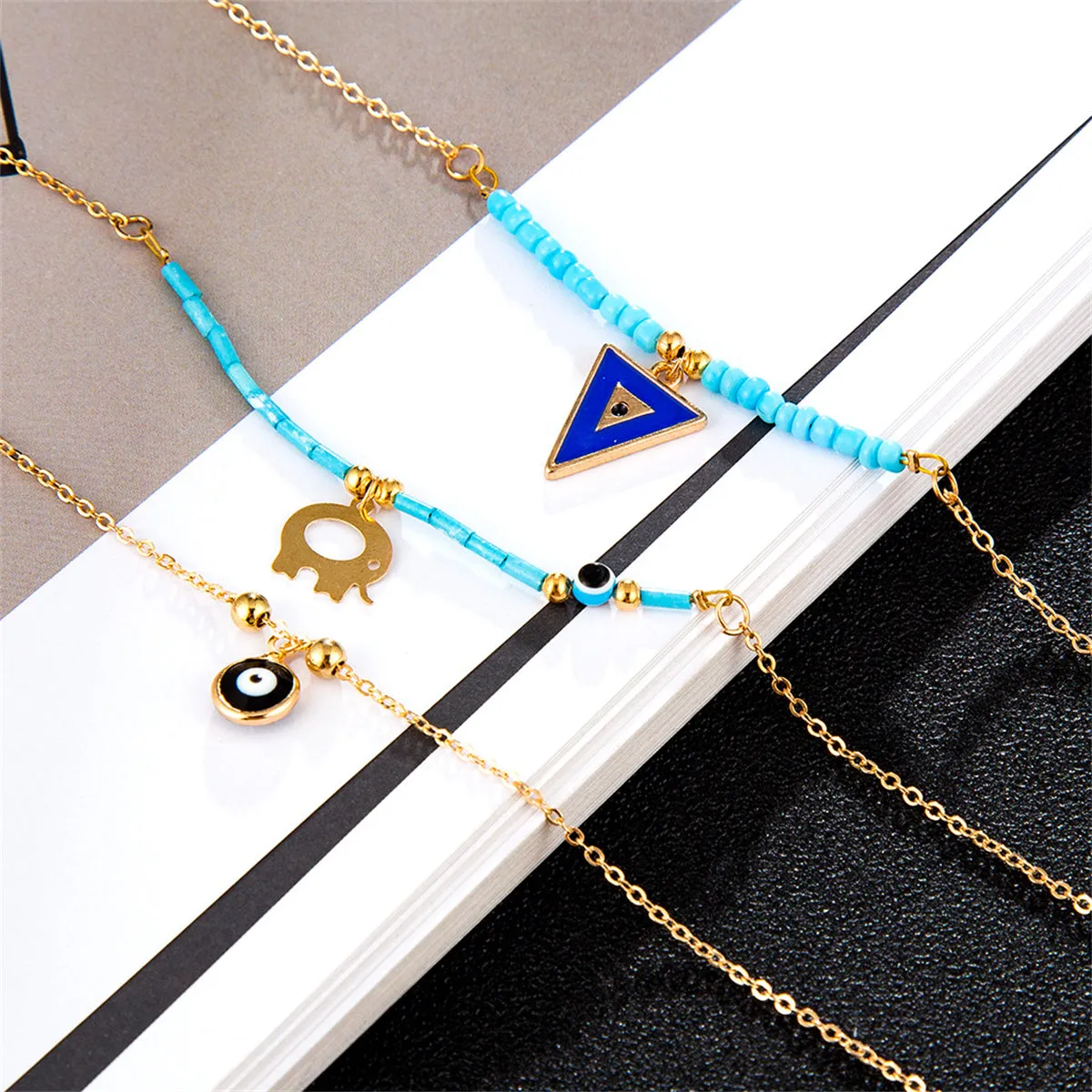 Turquoise & 18K Gold-Plated Elephant Charm Anklet Set