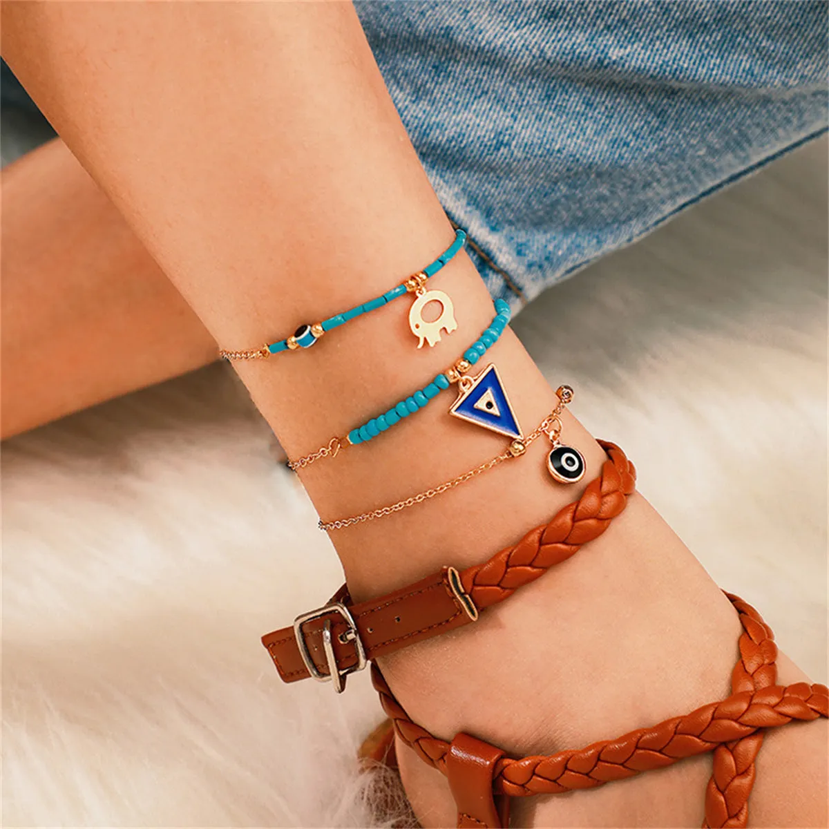 Turquoise & 18K Gold-Plated Elephant Charm Anklet Set