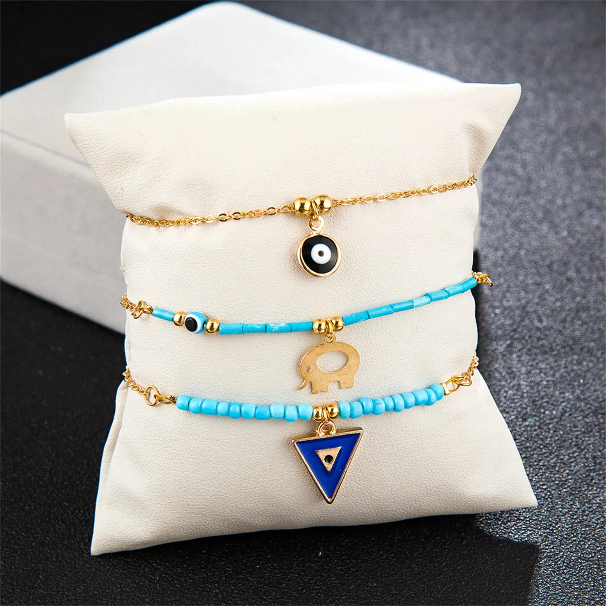 Turquoise & 18K Gold-Plated Elephant Charm Anklet Set