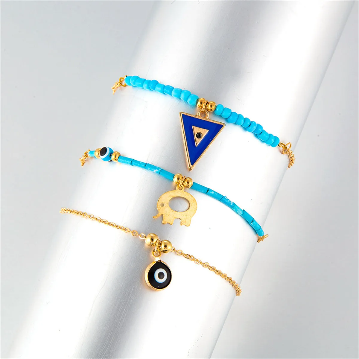 Turquoise & 18K Gold-Plated Elephant Charm Anklet Set