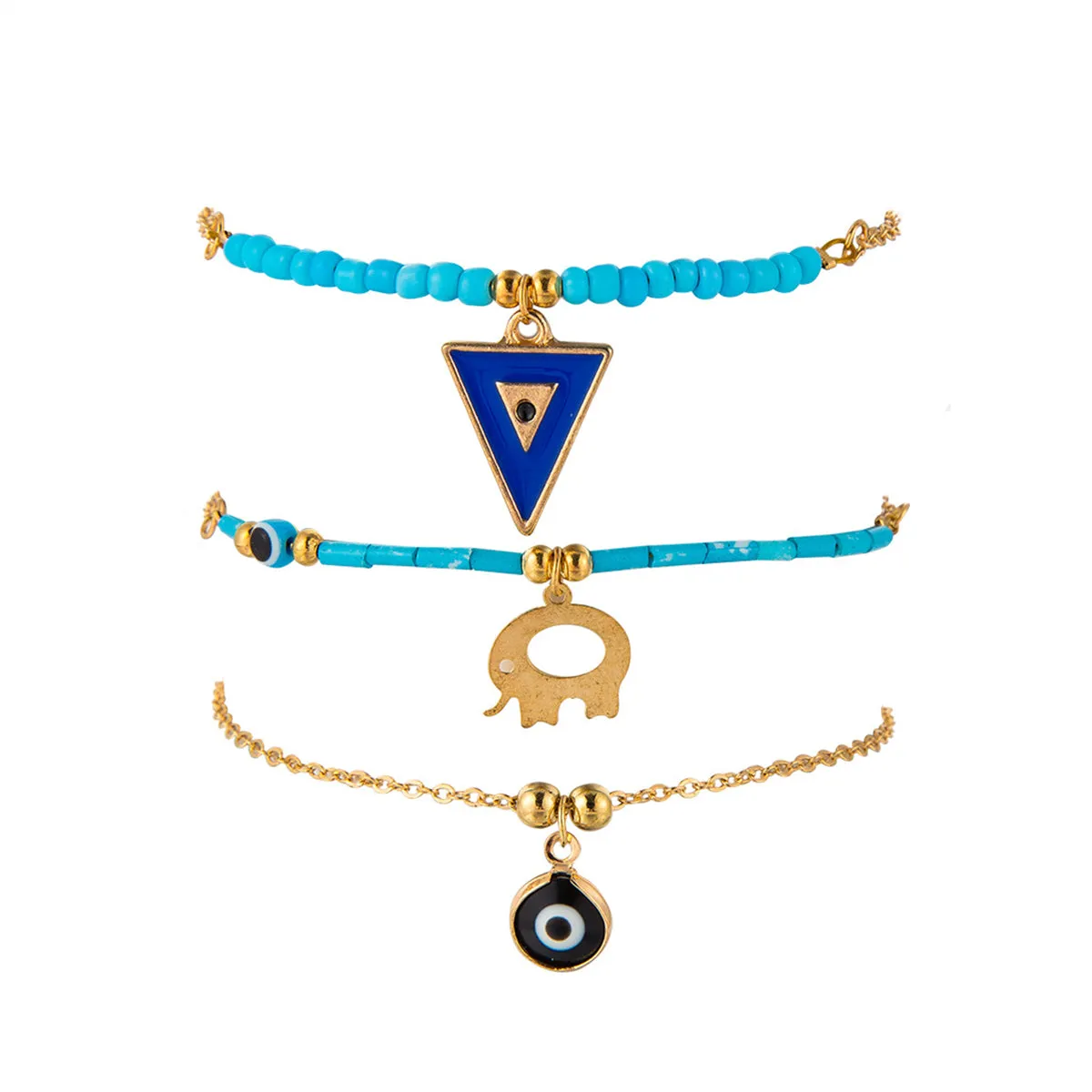 Turquoise & 18K Gold-Plated Elephant Charm Anklet Set