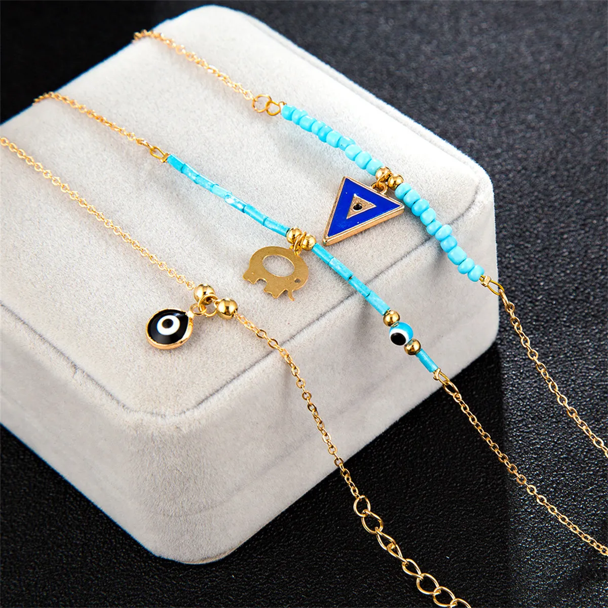 Turquoise & 18K Gold-Plated Elephant Charm Anklet Set