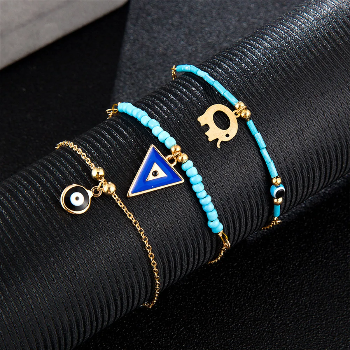 Turquoise & 18K Gold-Plated Elephant Charm Anklet Set
