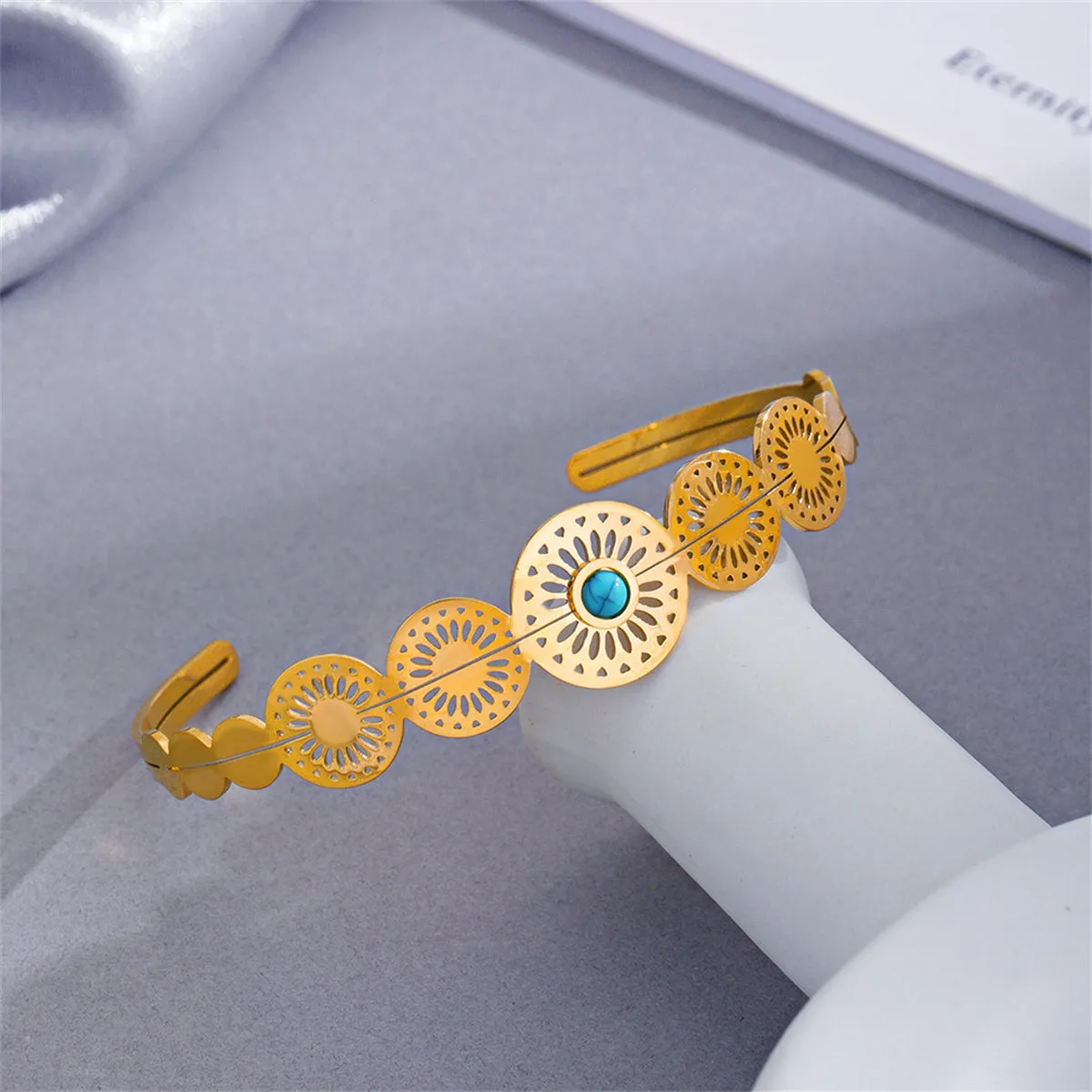 Turquoise & 18K Gold-Plated Floral Plate Cuff