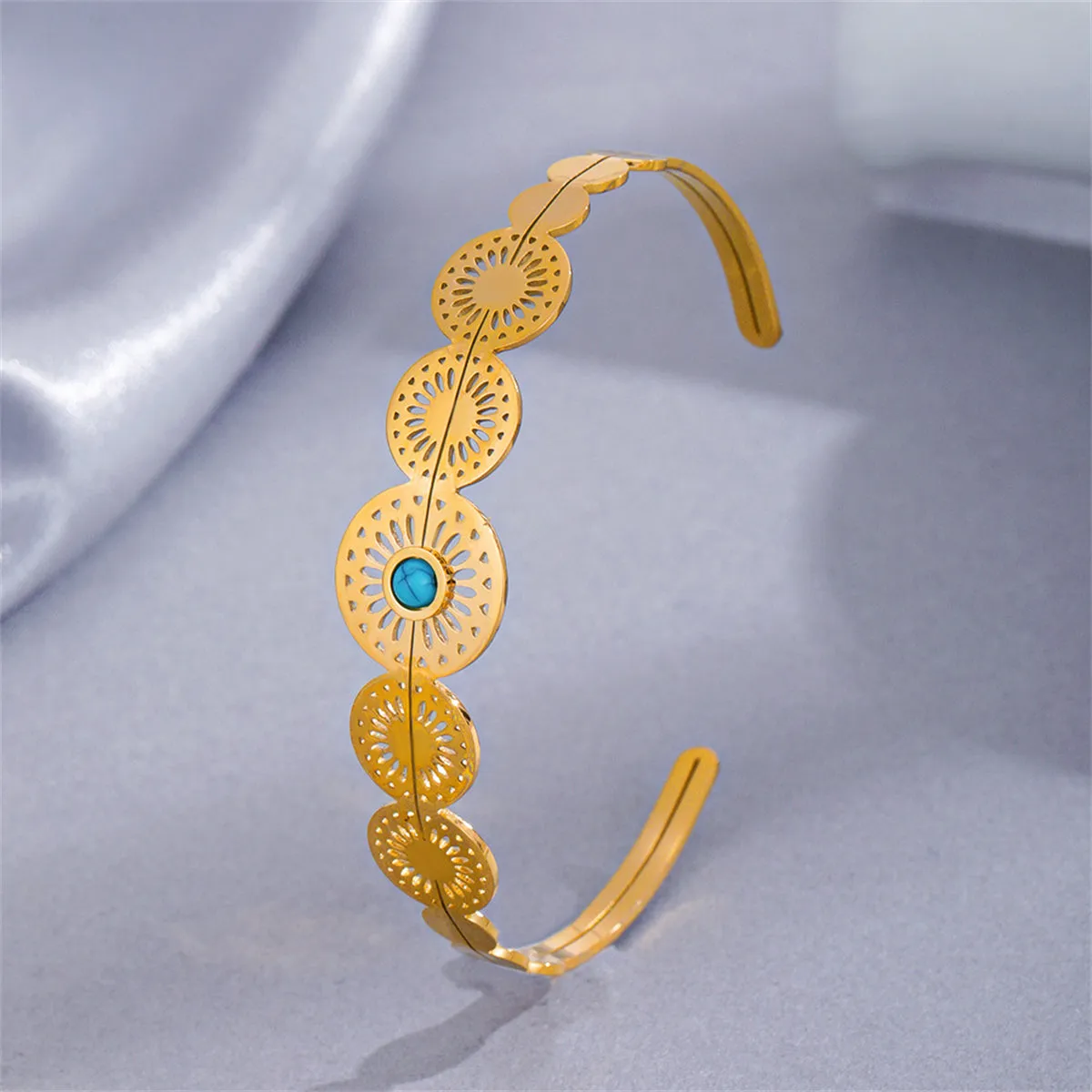 Turquoise & 18K Gold-Plated Floral Plate Cuff