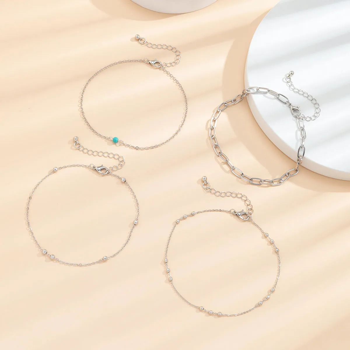 Turquoise & Silver-Plated Anklet Set