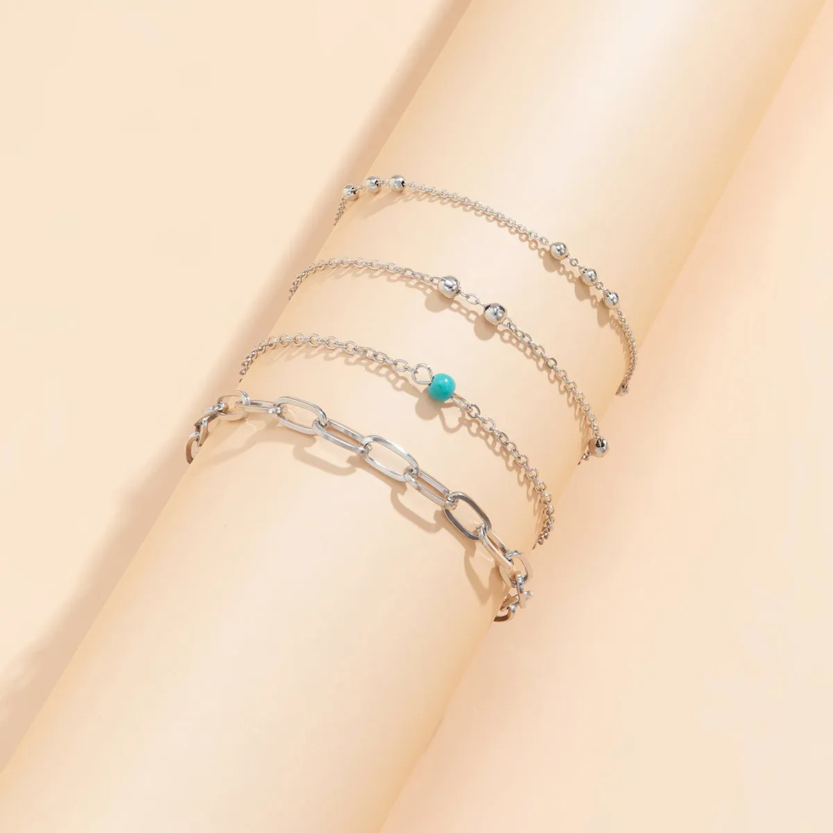 Turquoise & Silver-Plated Anklet Set