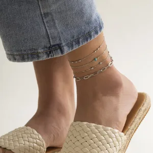Turquoise & Silver-Plated Anklet Set