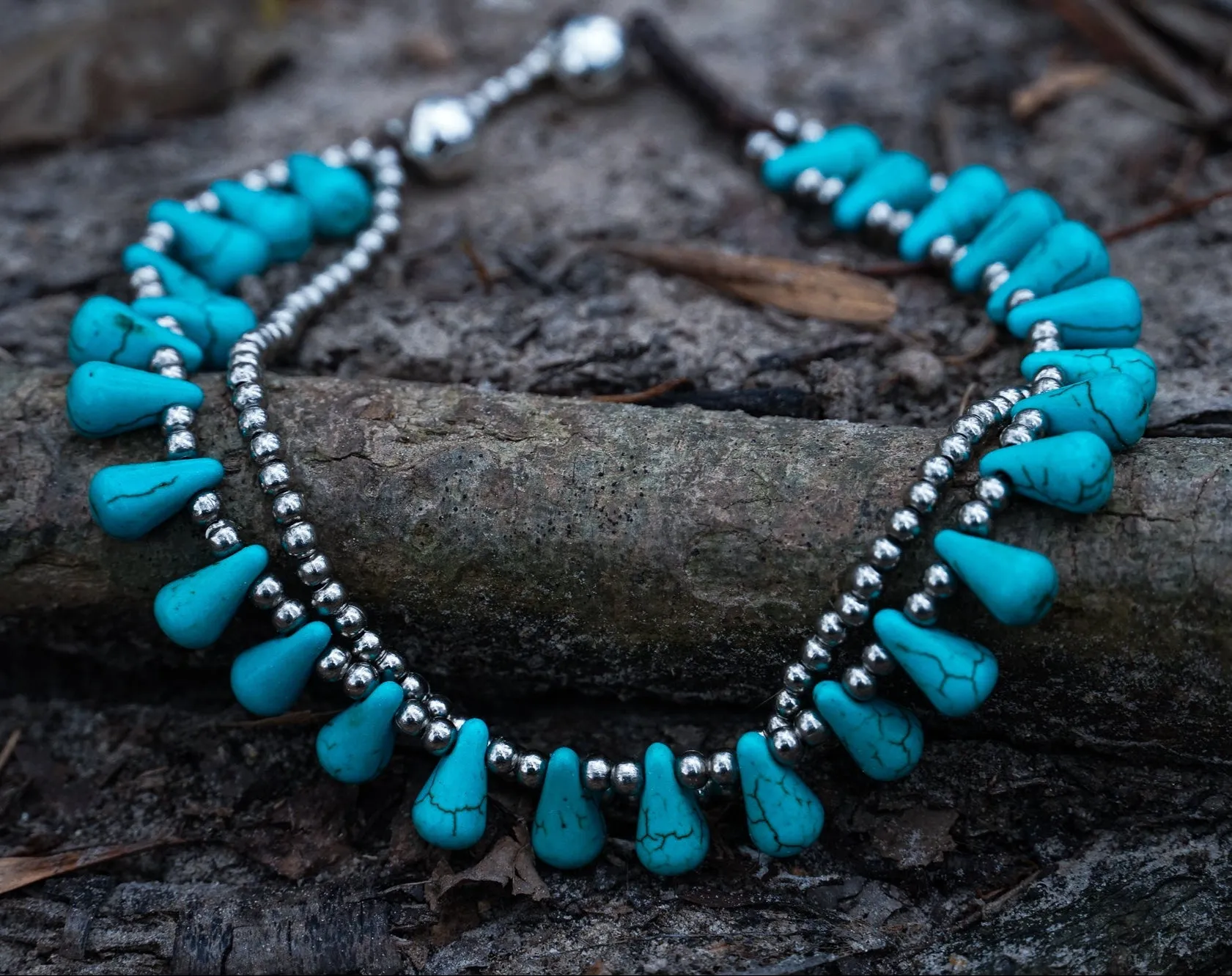 Turquoise Teardrop Bead Boho Silver Anklet
