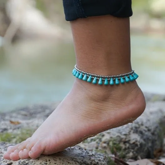 Turquoise Teardrop Bead Boho Silver Anklet