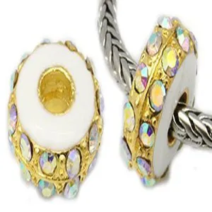 Two (2) Gold  Iridescent Rhinestone European Bead Compatible for Most European Snake Chain Bracelet