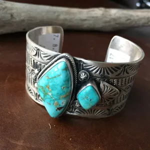 Two Stone Simple Silver Stamp Royston Turquoise Cuff Bracelet Ray Bennet Signed
