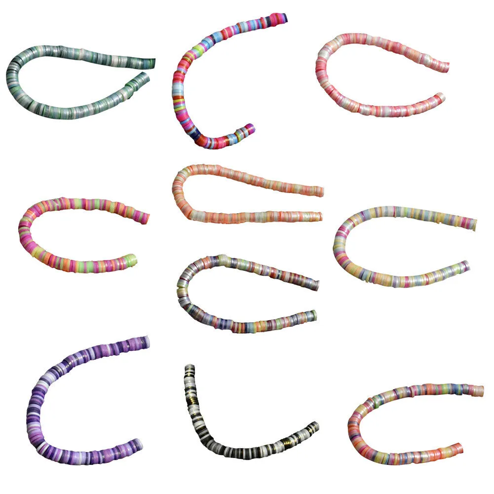 US 10 Strands Shiny Color 6mm Flat Round Polyme Clay Boho Heishi Beads Chip Disk