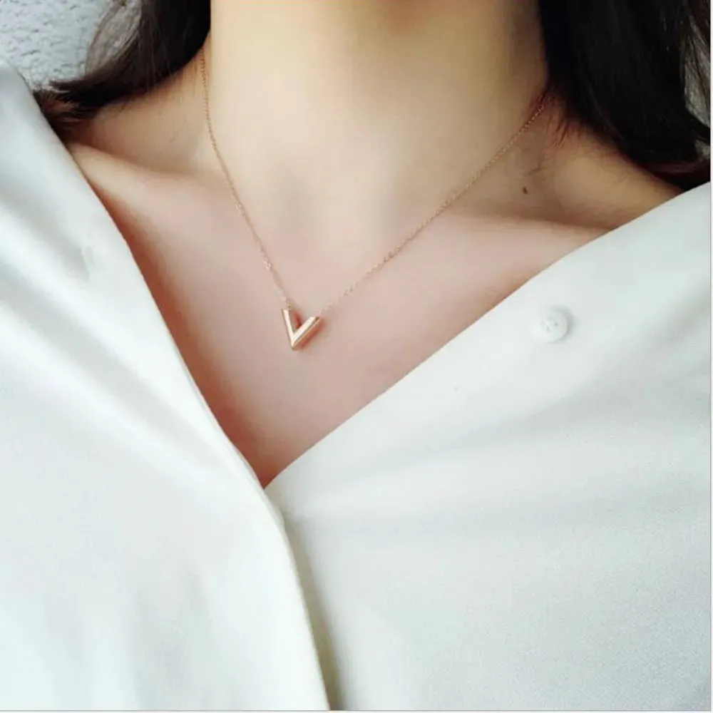 V Letter Pendant Necklace For Woman Titanium Steel