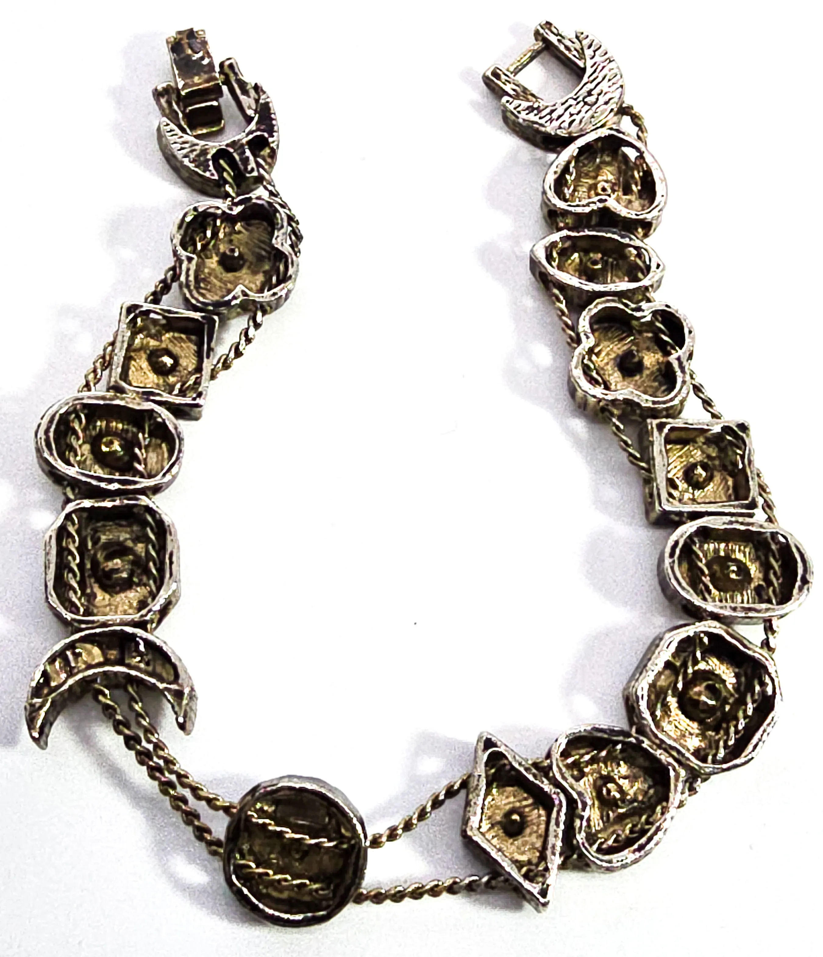 Victorian revival vintage crescent moon and heart rhinestone slider bracelet