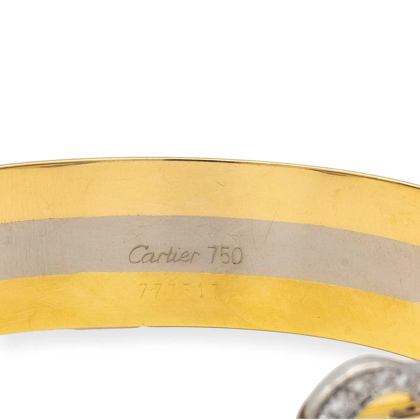 Vintage C de Cartier 18K Gold Trinity  Round Diamond Open Cuff Bracelet