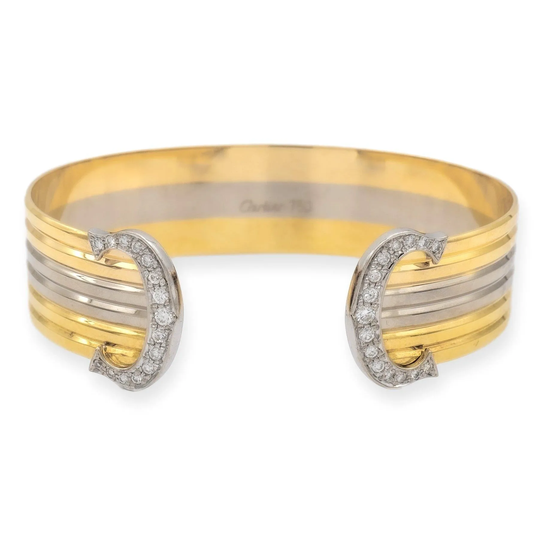 Vintage C de Cartier 18K Gold Trinity  Round Diamond Open Cuff Bracelet