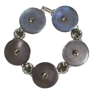 Vintage Silver Gray Mother of Pearl Disc Bracelet with Gray Rhinestones