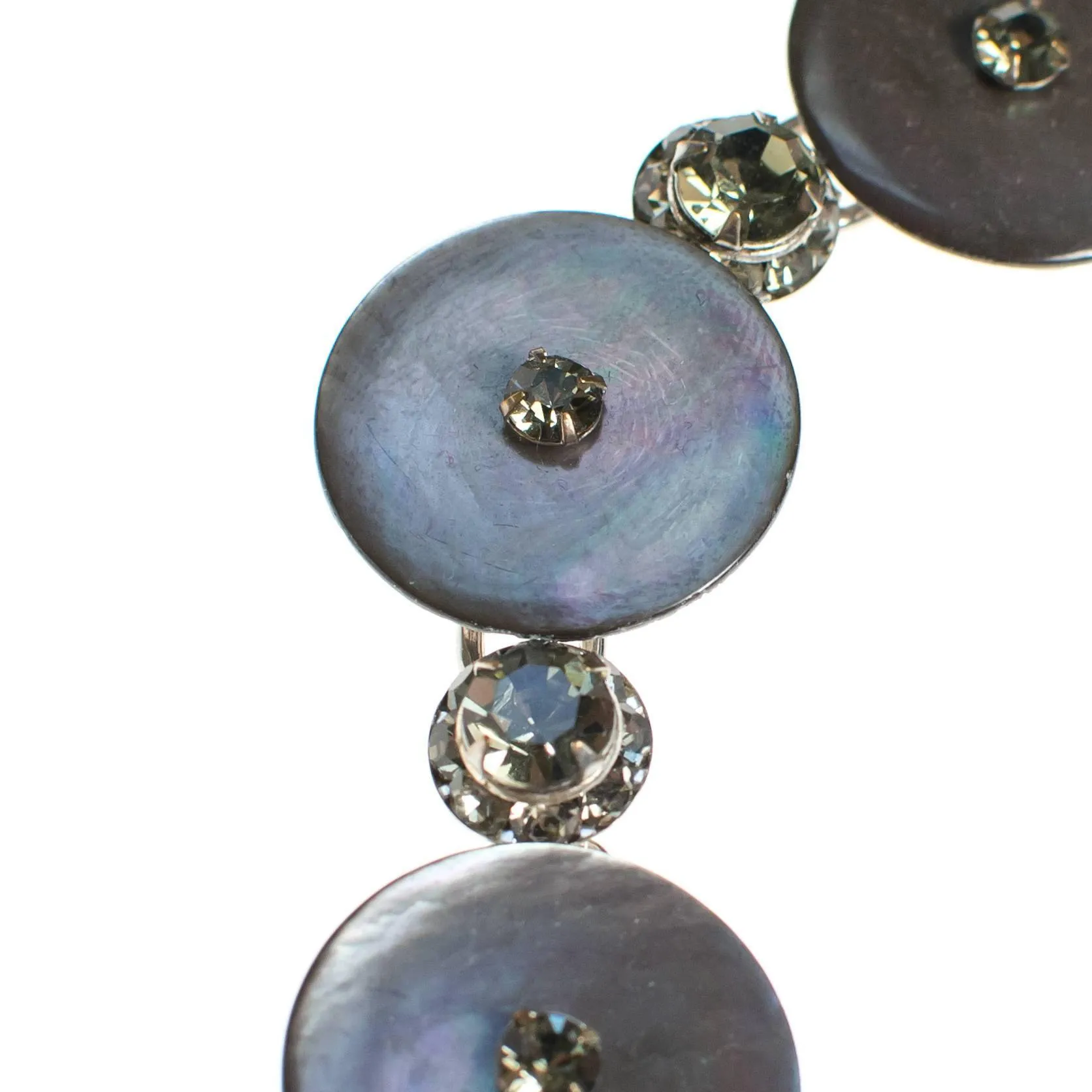 Vintage Silver Gray Mother of Pearl Disc Bracelet with Gray Rhinestones