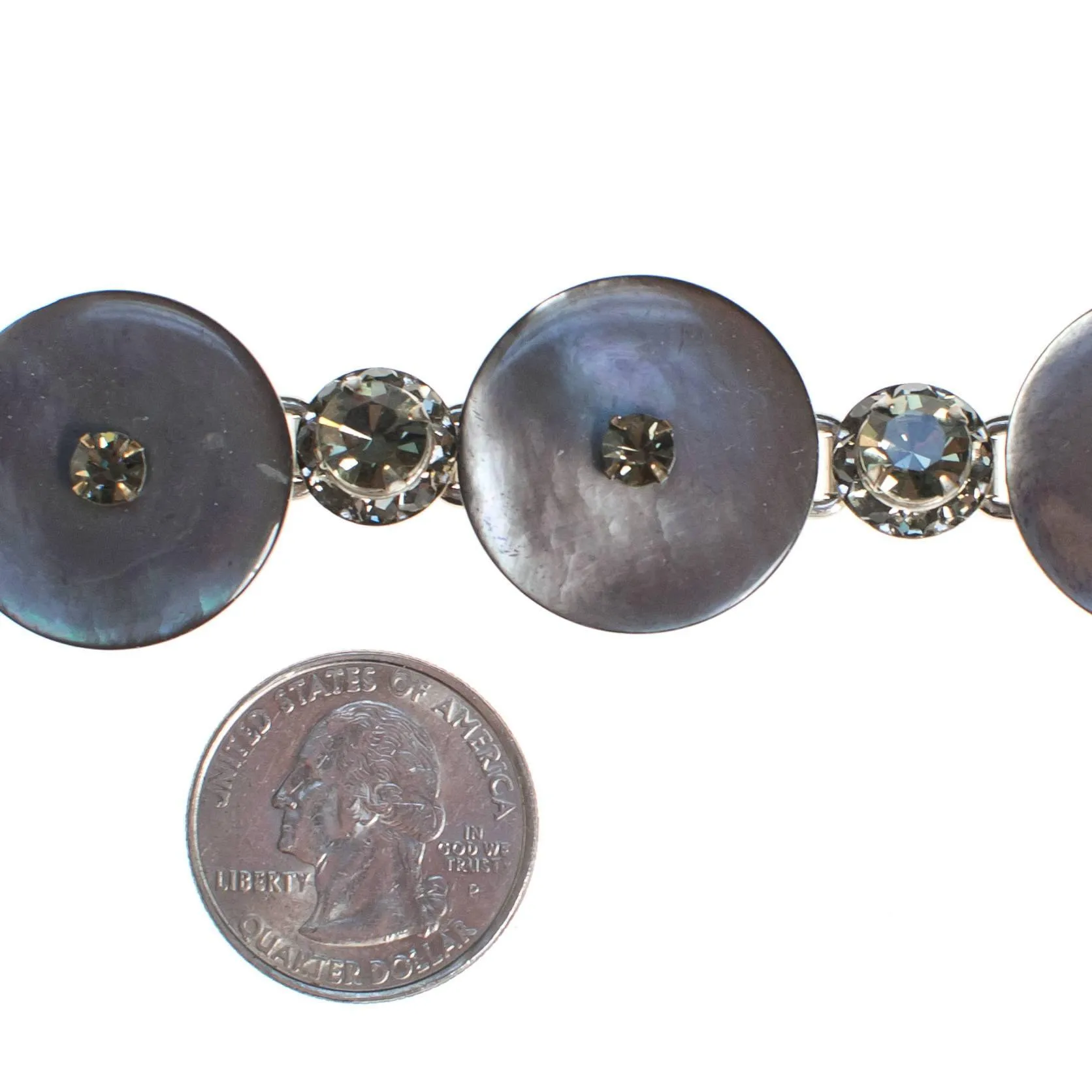Vintage Silver Gray Mother of Pearl Disc Bracelet with Gray Rhinestones