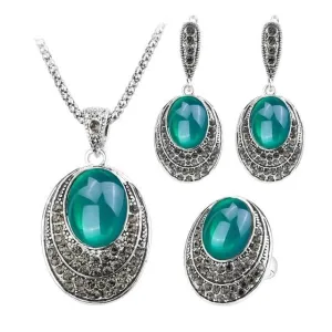 Vintage Silver Opal Gemstone Jewelry Set Women Wedding Jewelry