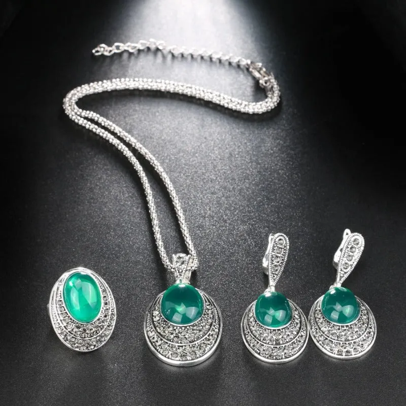 Vintage Silver Opal Gemstone Jewelry Set Women Wedding Jewelry