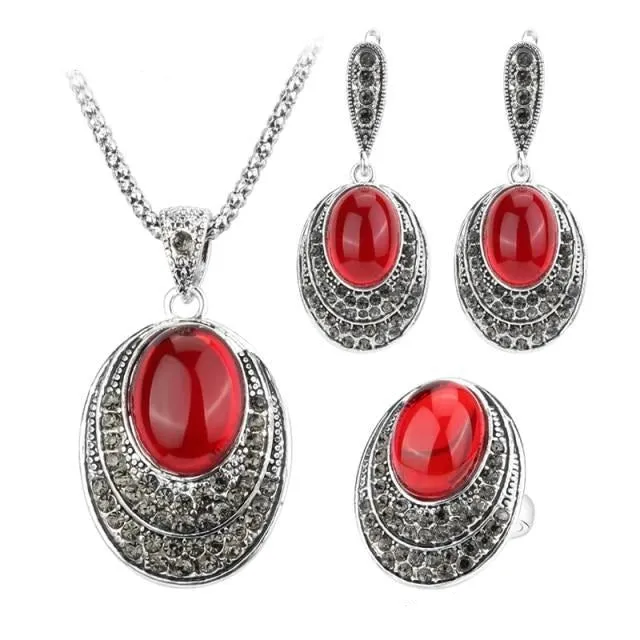 Vintage Silver Opal Gemstone Jewelry Set Women Wedding Jewelry