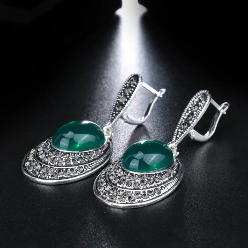 Vintage Silver Opal Gemstone Jewelry Set Women Wedding Jewelry