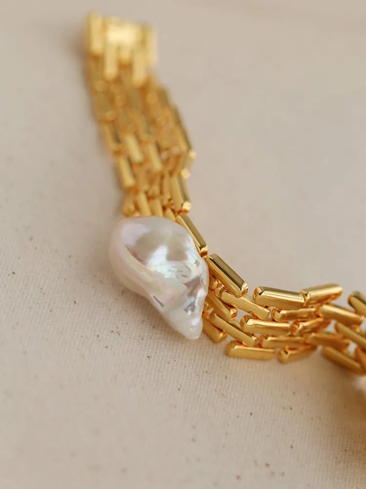 Vintage Wide Chain Baroque Pearl Bracelet