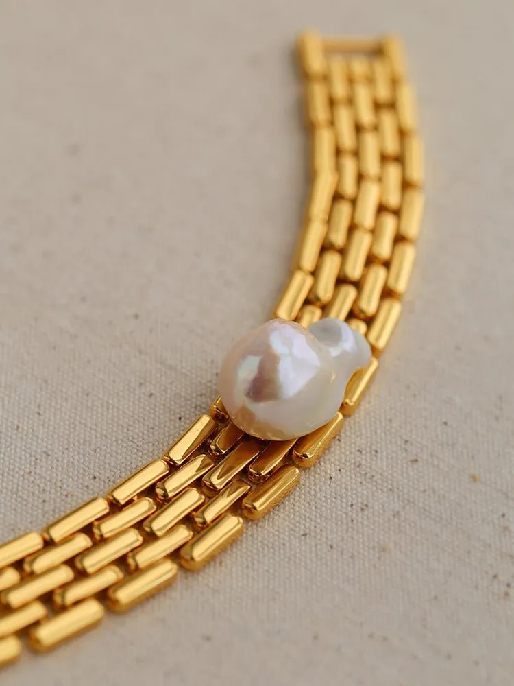 Vintage Wide Chain Baroque Pearl Bracelet