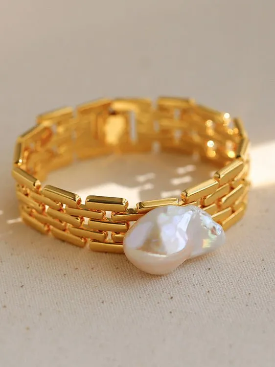 Vintage Wide Chain Baroque Pearl Bracelet