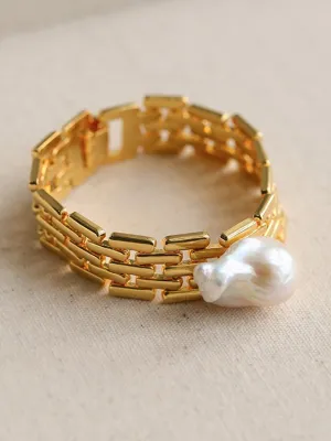 Vintage Wide Chain Baroque Pearl Bracelet