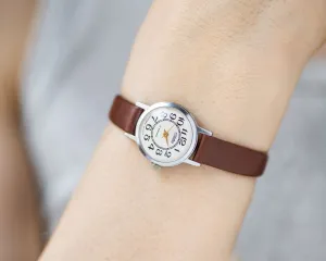 Vintage women watch Glory silver shade, minimalist lady watch gift, delicate round case watch Arabic numerals, new premium leather strap