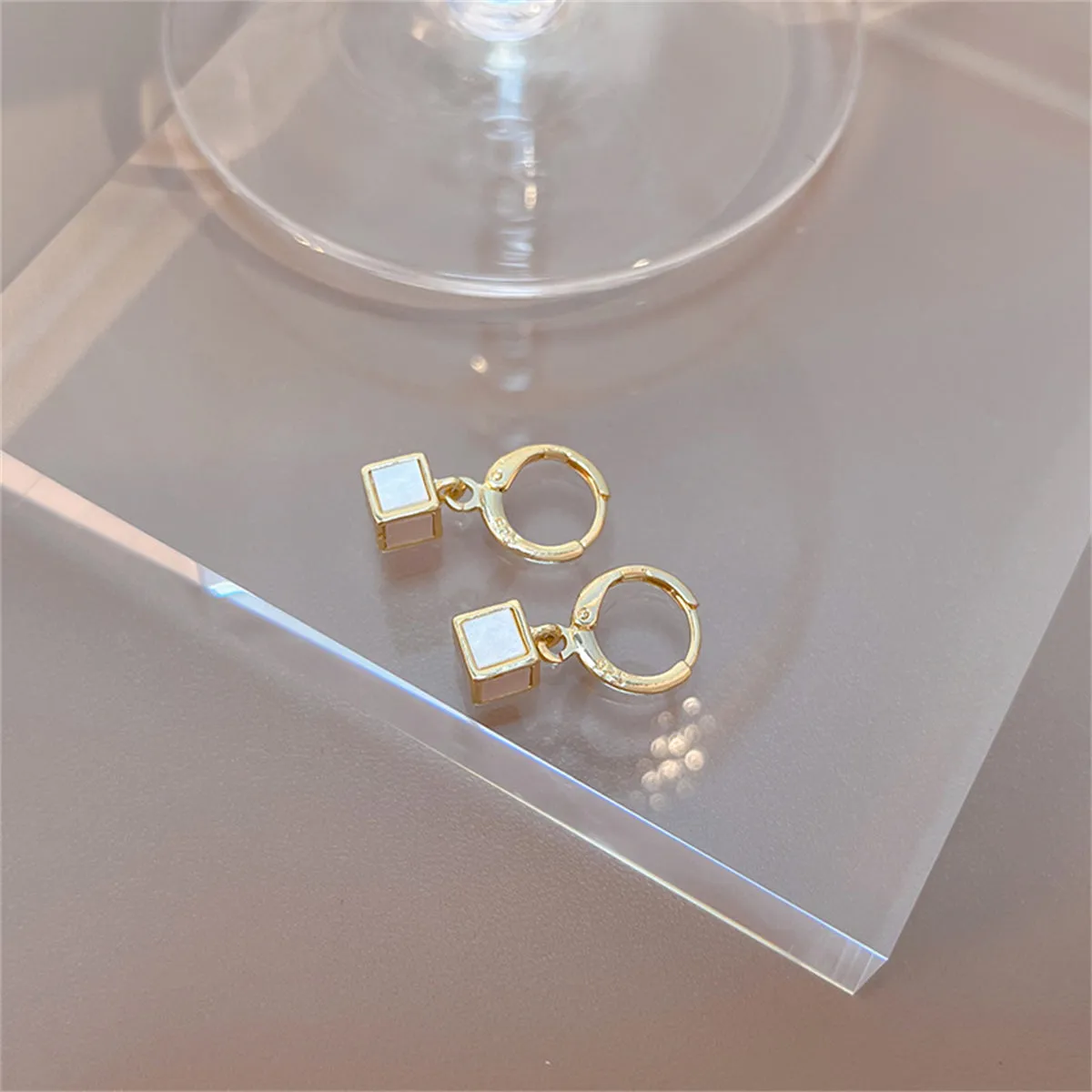 White Acrylic & 18K Gold-Plated Cube Huggie Earrings