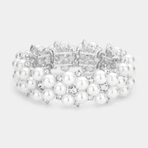 White Pearl and Rhinestone Stretch Bridal Bracelet | Wedding Bracelet | 563685