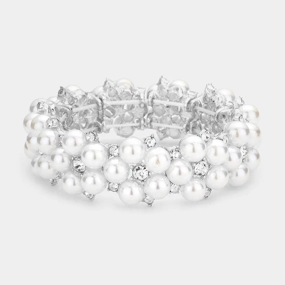 White Pearl and Rhinestone Stretch Bridal Bracelet | Wedding Bracelet | 563685