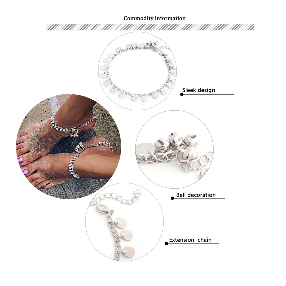 Women Fashion Boho Bell Round Charms Anklets Ankle Bracelet Chain Foot Jewelry